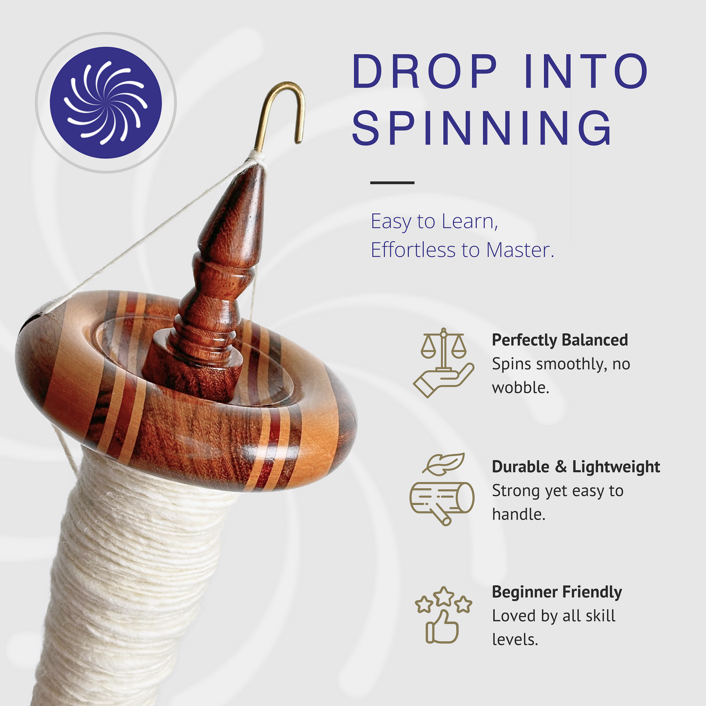 Revolution Fibers premium top whorl drop spindle with an 12-inch shaft and 3.25-inch whorl, perfect for beginner hand spinning and fine yarn production. Multi wood artisan design engineered for flow and control.