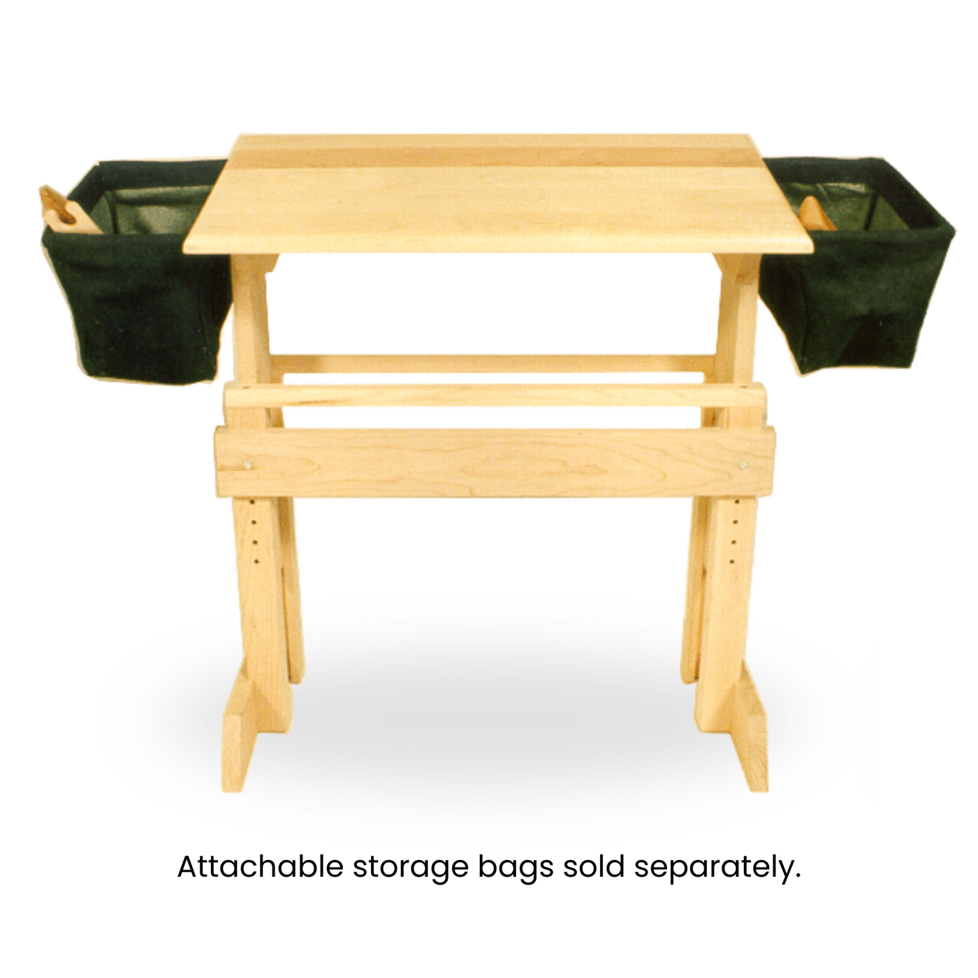 Leclerc Rocking Bench shown with optional attachable green canvas storage bags on both sides, ideal for holding weaving tools and supplies during loom work.