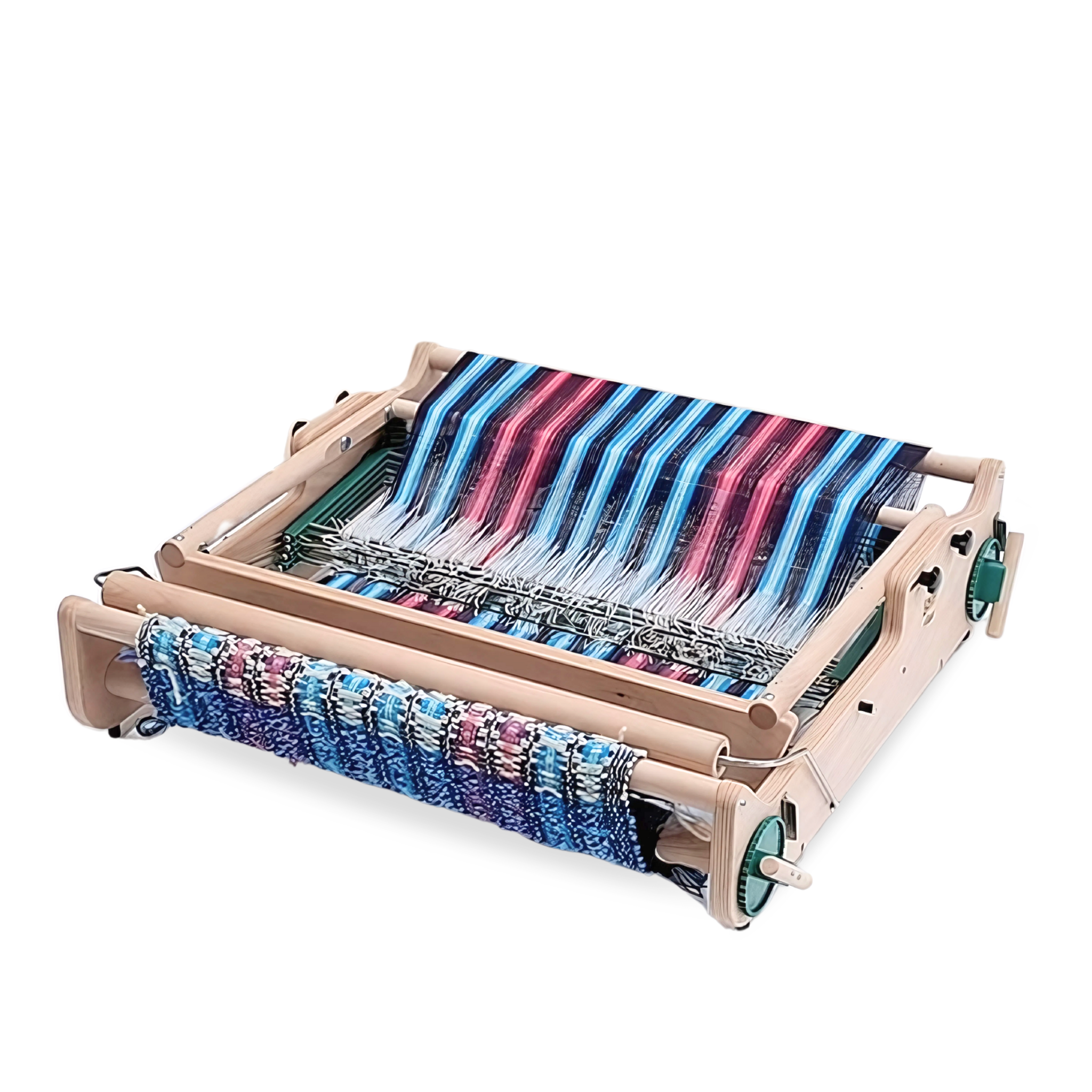 Top view of Lojan Flex 4-Shaft Loom folded, weaving pink and blue striped fabric, demonstrating portable shaft weaving on a compact frame.