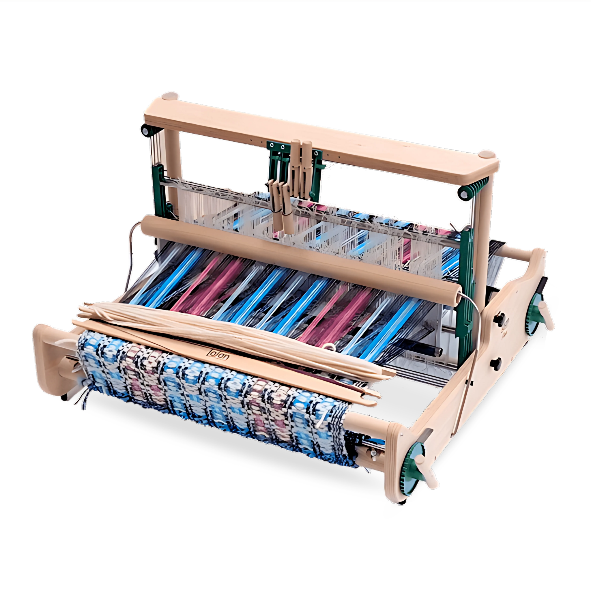 Lojan Flex 4-Shaft Table Loom weaving a multicolor fabric, showcasing raised shaft system and compact tabletop loom design.