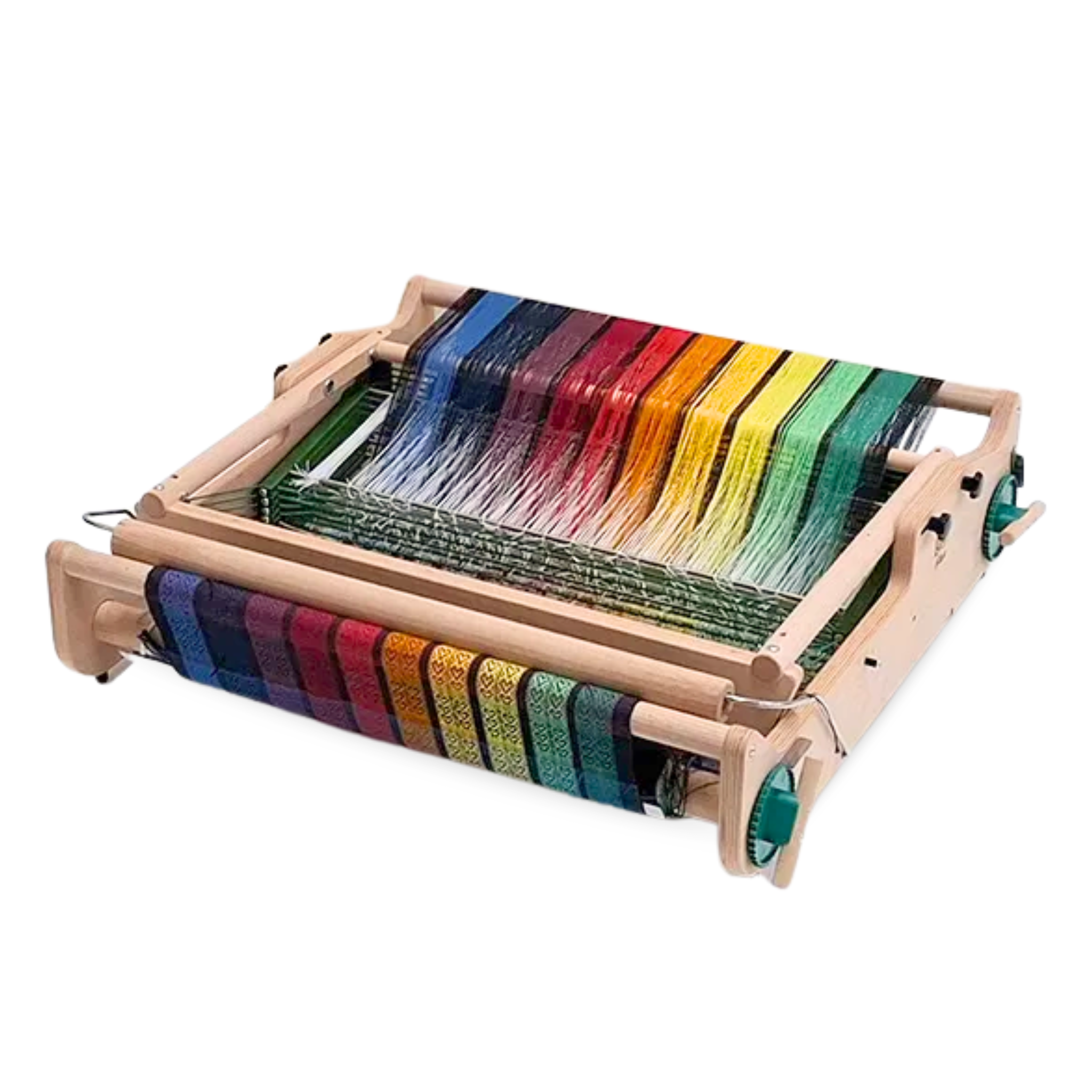 Top view of Lojan Flex 8-Shaft Loom folded, actively weaving multicolor fabric, showing compact frame and high-density shaft weaving.