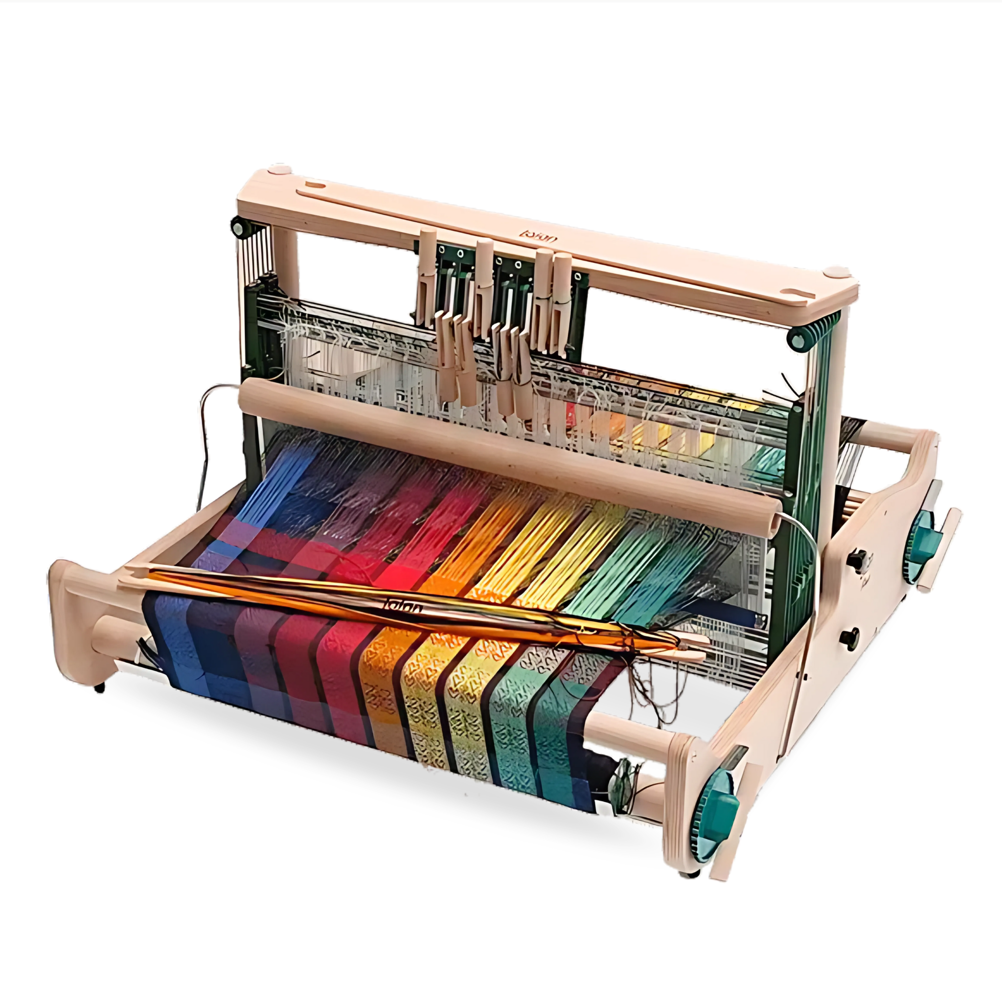 Lojan Flex 8-Shaft Table Loom weaving vibrant rainbow fabric with raised shaft system and full-color warp threading.