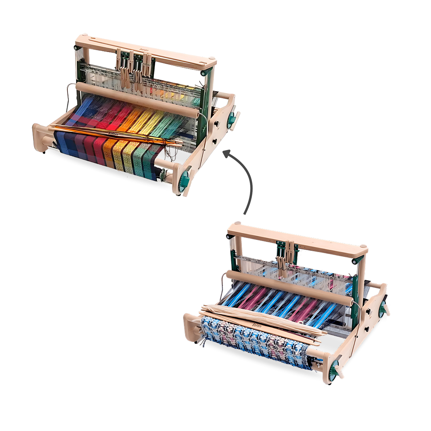 Lojan Flex Loom shown converting from 4-shaft to 8-shaft configuration using modular conversion kit upgrade.