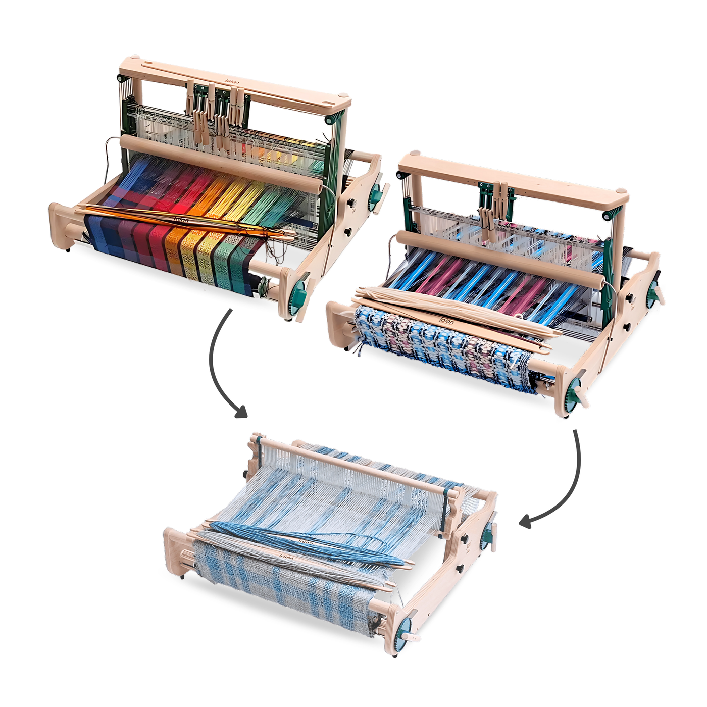 Lojan Flex Loom converting from 8-shaft or 4-shaft configuration back to rigid heddle setup using modular loom conversion kit.