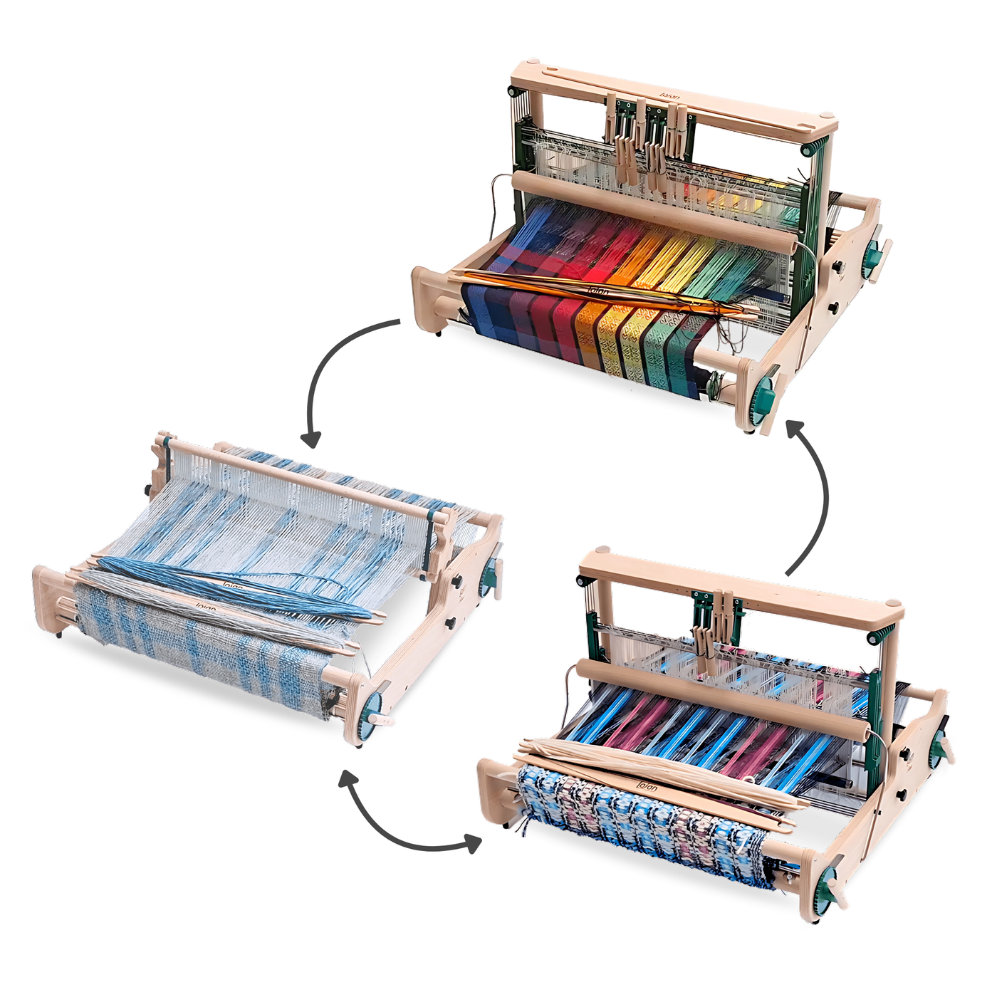Visual diagram of the Lojan Flex Loom converting between rigid heddle, 4-shaft, and 8-shaft setups, illustrating modular loom flexibility.