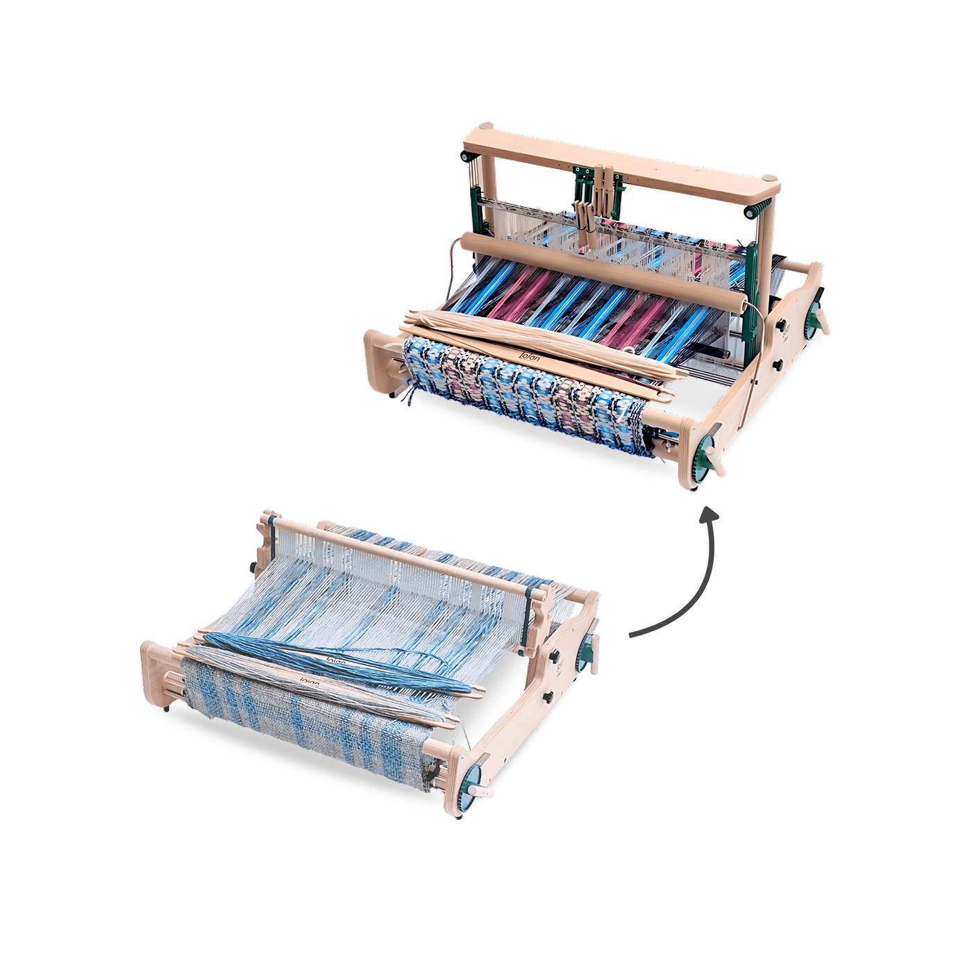 Lojan Flex Loom shown converting from rigid heddle setup to 4-shaft configuration using modular loom conversion kit.