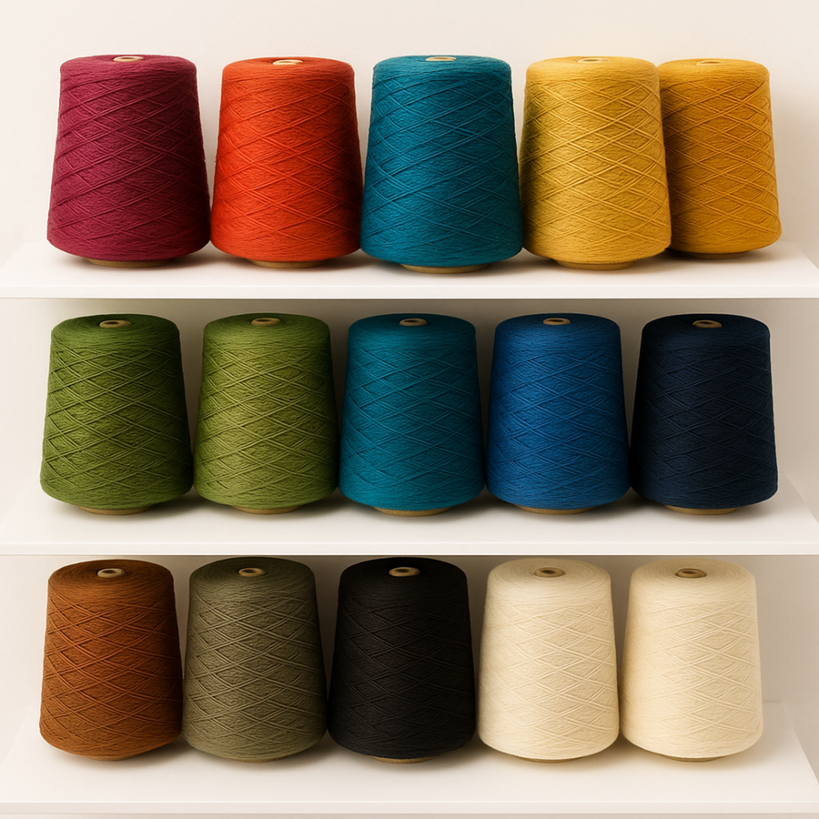 A white shelf display showcasing Brown Sheep Nature Spun Cones in Fingering Weight. Natural lighting, and array of vibrant colors.