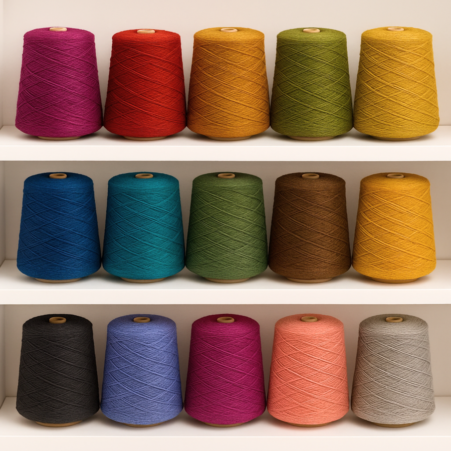 A tidy shelf of Brown Sheep Nature Spun Sport Yarn Cones in a rainbow of saturated shades.
