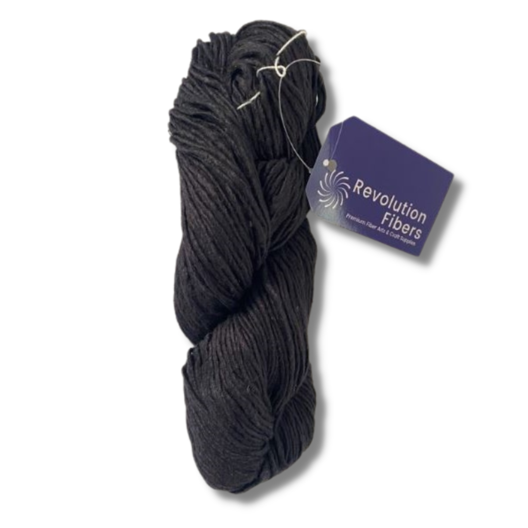 Revolution Fibers' black Regal Mulberry Silk Yarn is a high-quality, natural fiber, single-ply worsted weight yarn that is perfect for a wide range of knitting and crochet projects.