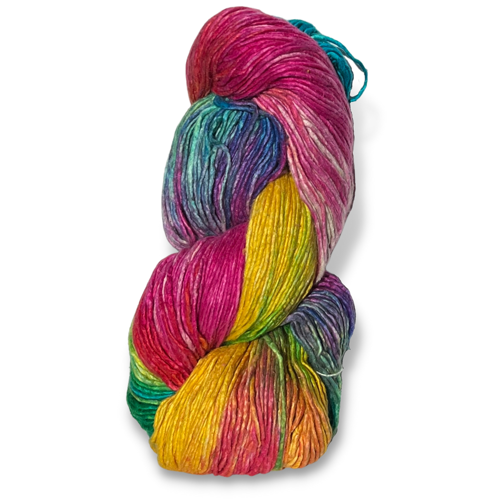 Revolution Fibers' unicorn multicolor Regal Mulberry Silk Yarn is a high-quality, natural fiber, single-ply worsted weight yarn that is perfect for a wide range of knitting and crochet projects.