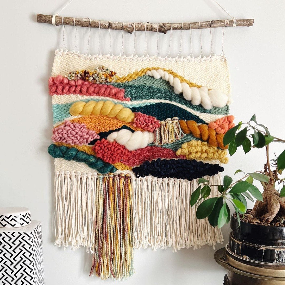 Woven Wall Hanging using dyed wool rovings and spinning fibers