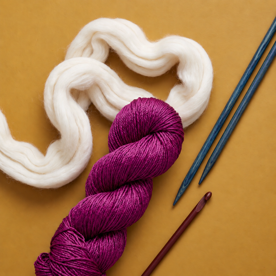 Berry silk yarn, ivory wool roving, indigo knitting needles, and a rosewood crochet hook on a gold background.
