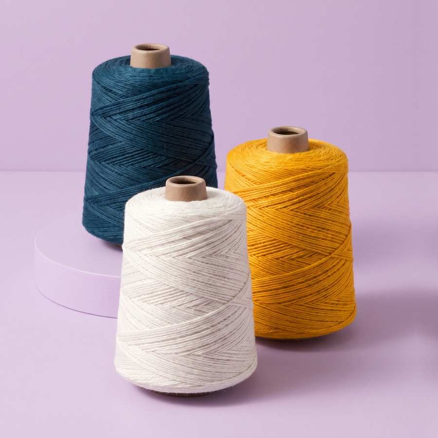Three weaving yarn cones in indigo, ivory, and marigold arranged on a lavender surface with a low display plinth.