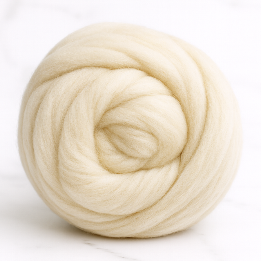 Revolution Fibers Corriedale wool roving top, natural undyed cream—1 lb combed top coiled neatly; soft spinning & felting fiber on white background.