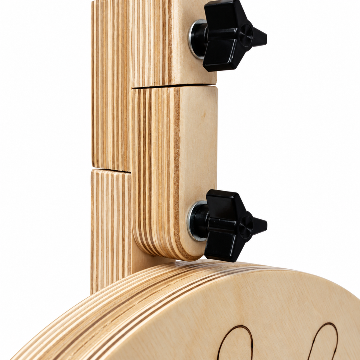 Close-up of the SpinOlution Pollywog wooden upright assembly showing adjustable black knobs and natural birch construction.