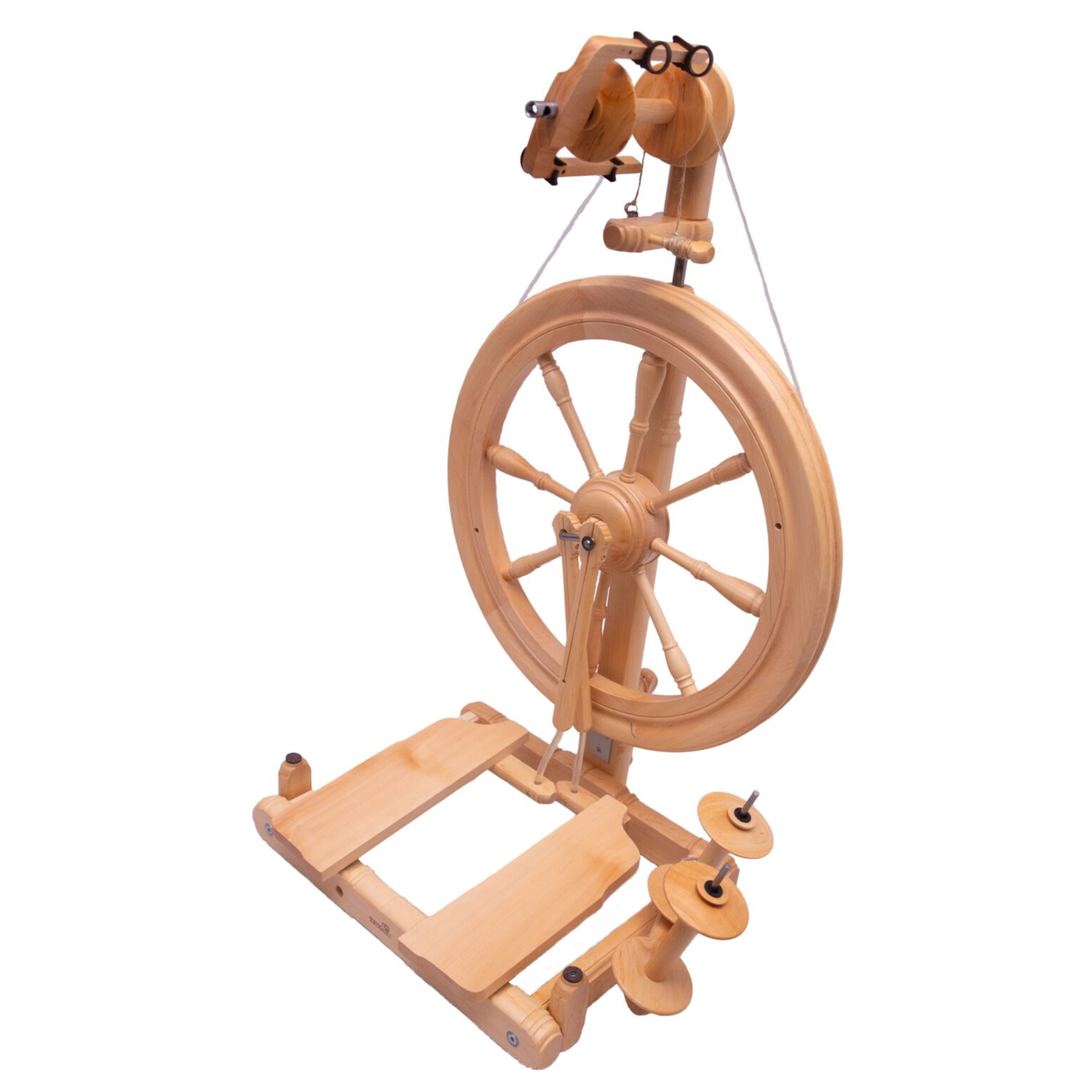Light honey-toned lacquered Kromski Sonata Encore spinning wheel on white background, showcasing wheel profile and fold-flat base.