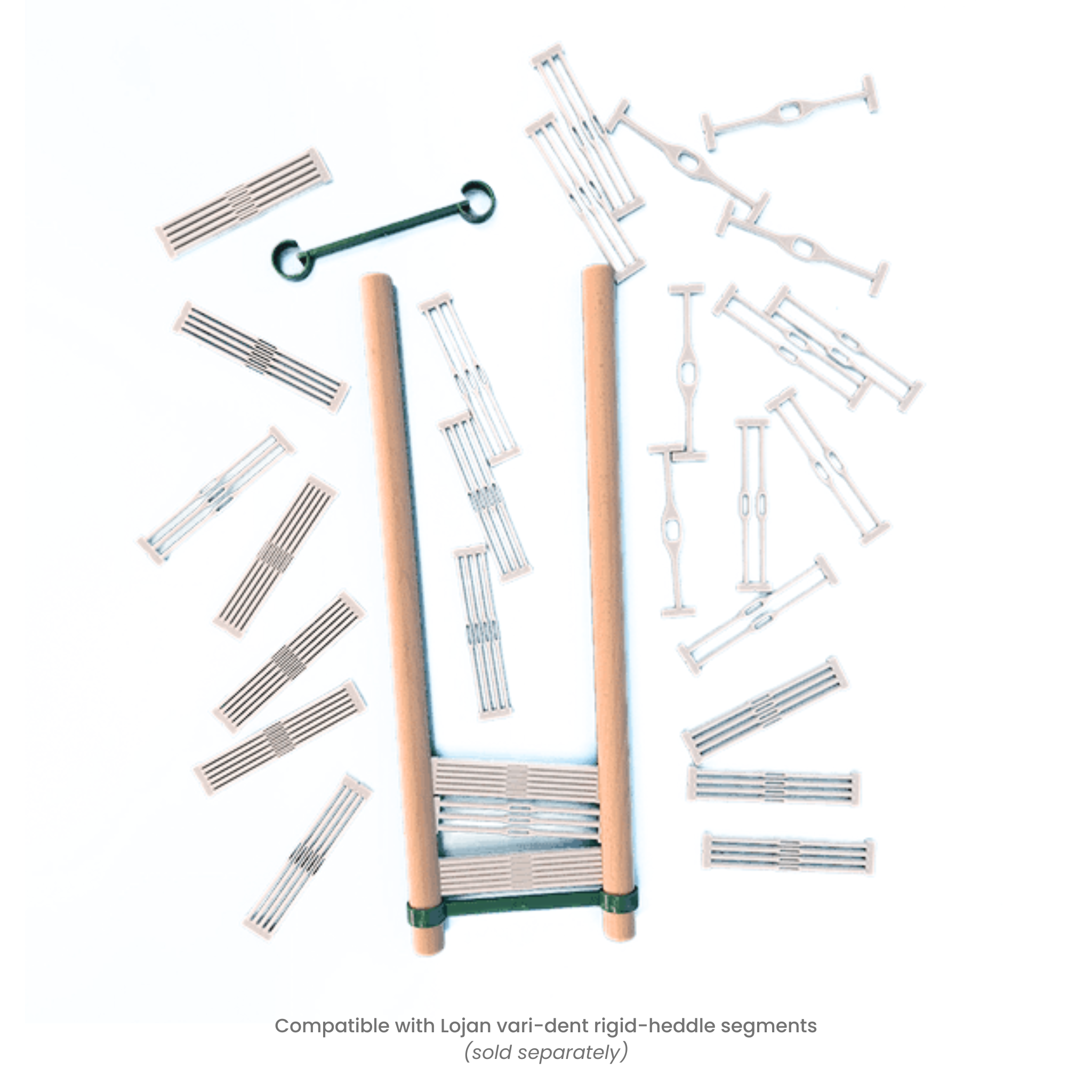 12-inch Lojan Flex rigid heddle frame with modular vari-dent reed segments and hardware laid out for assembly.