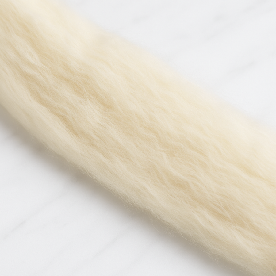 Close-up of natural Rambouillet wool fibers showing fine crimp and airy texture, ideal for spinning or felting.