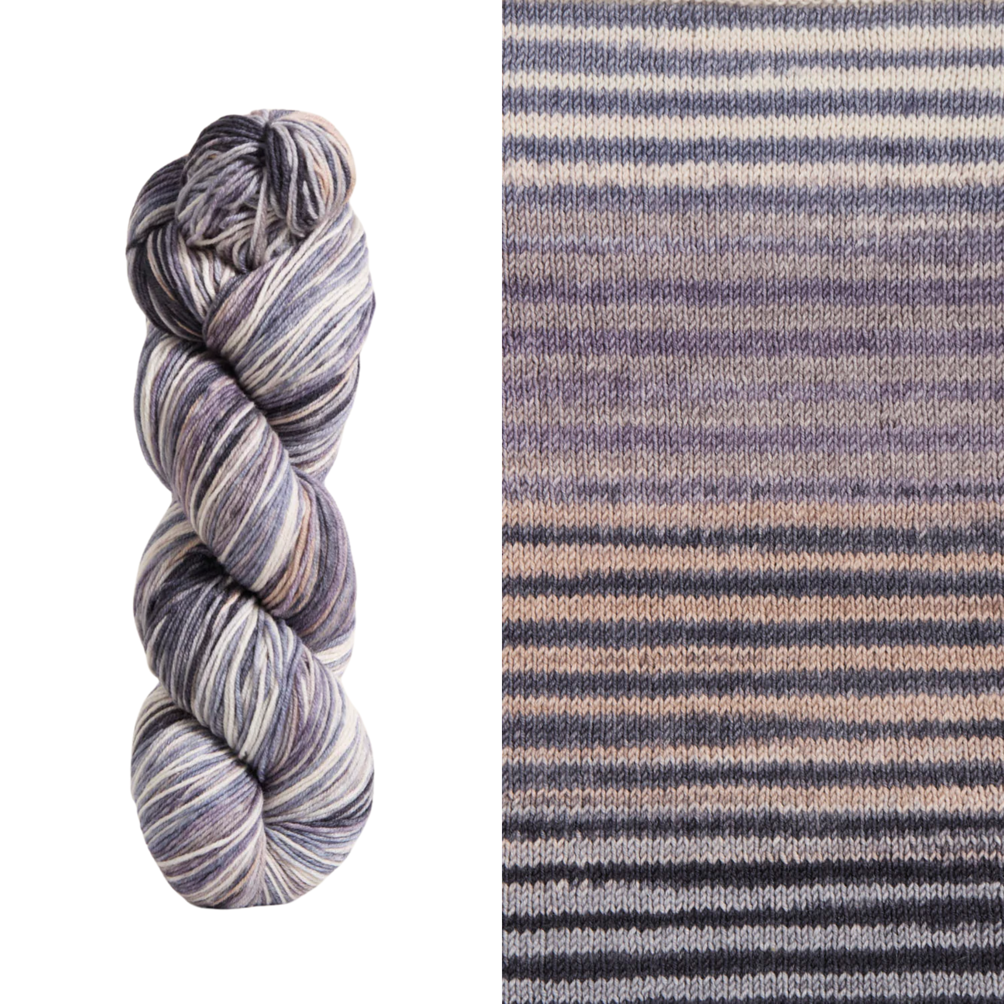 Uneek Self Striping Fingering Yarn in 3033, A lavender, grey, and beige colorway.