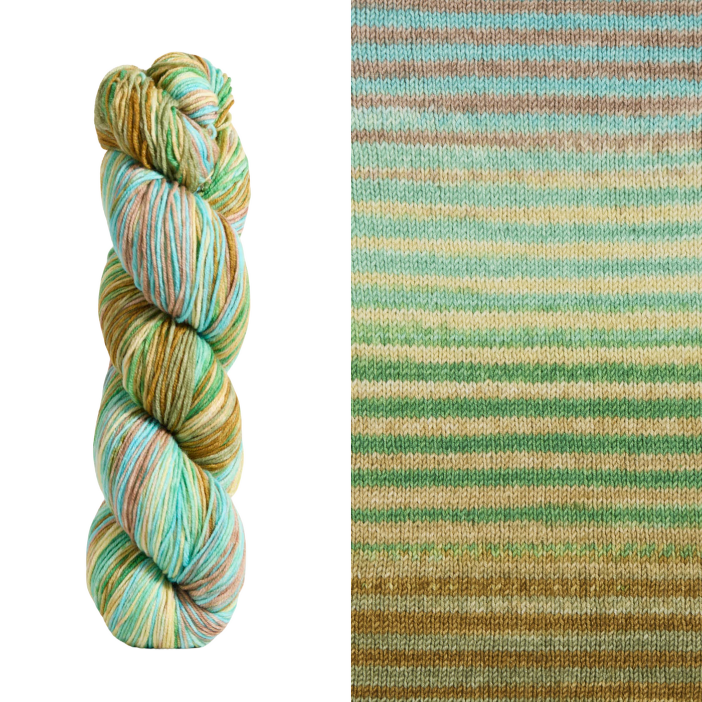 colorway 3034 in uneek fingering. A self striping yarn featuring shades of blue, green, brown, and cream.