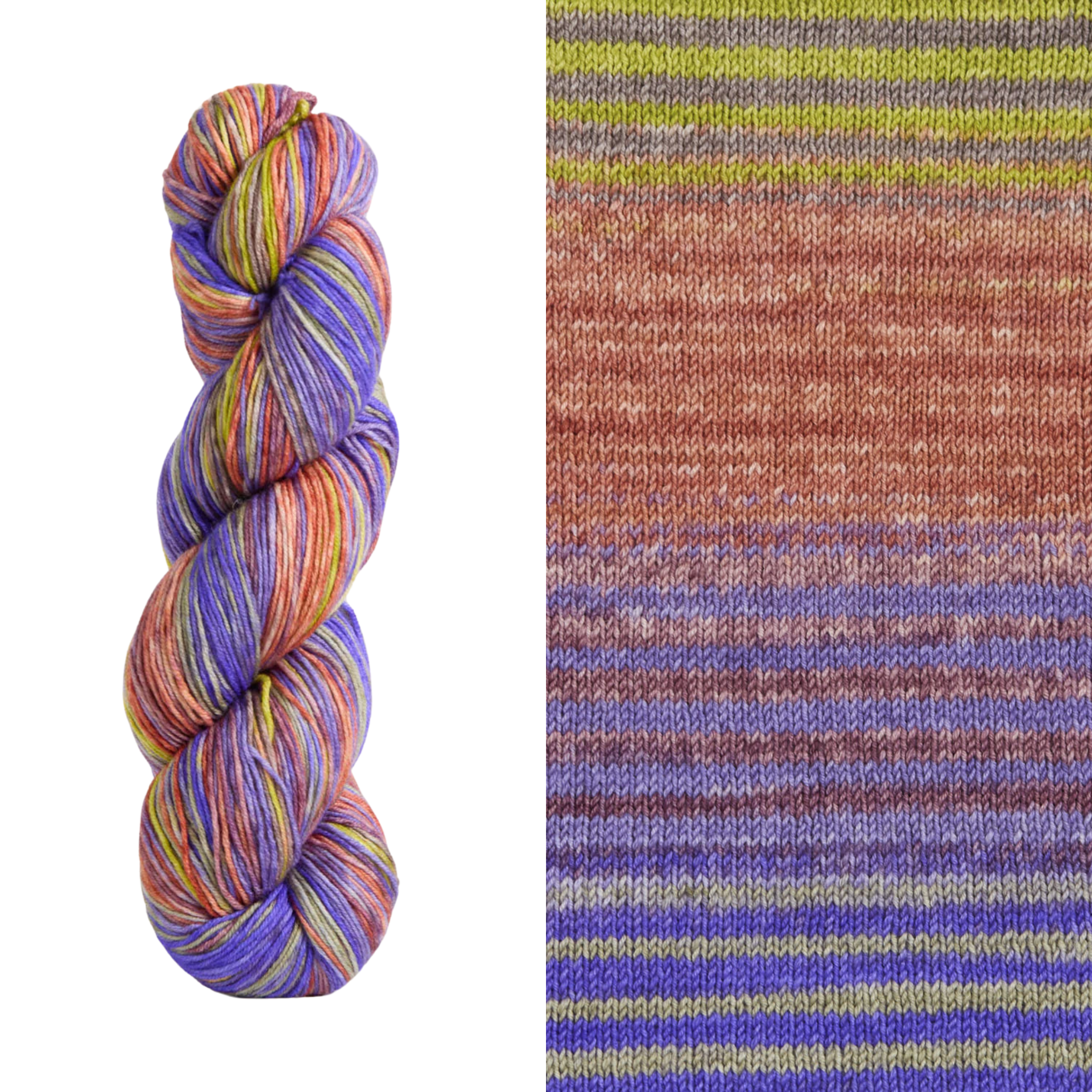 Coloway 3035 uneek fingering yarn. A  bright self striping yarn in peach, purple and green tones.