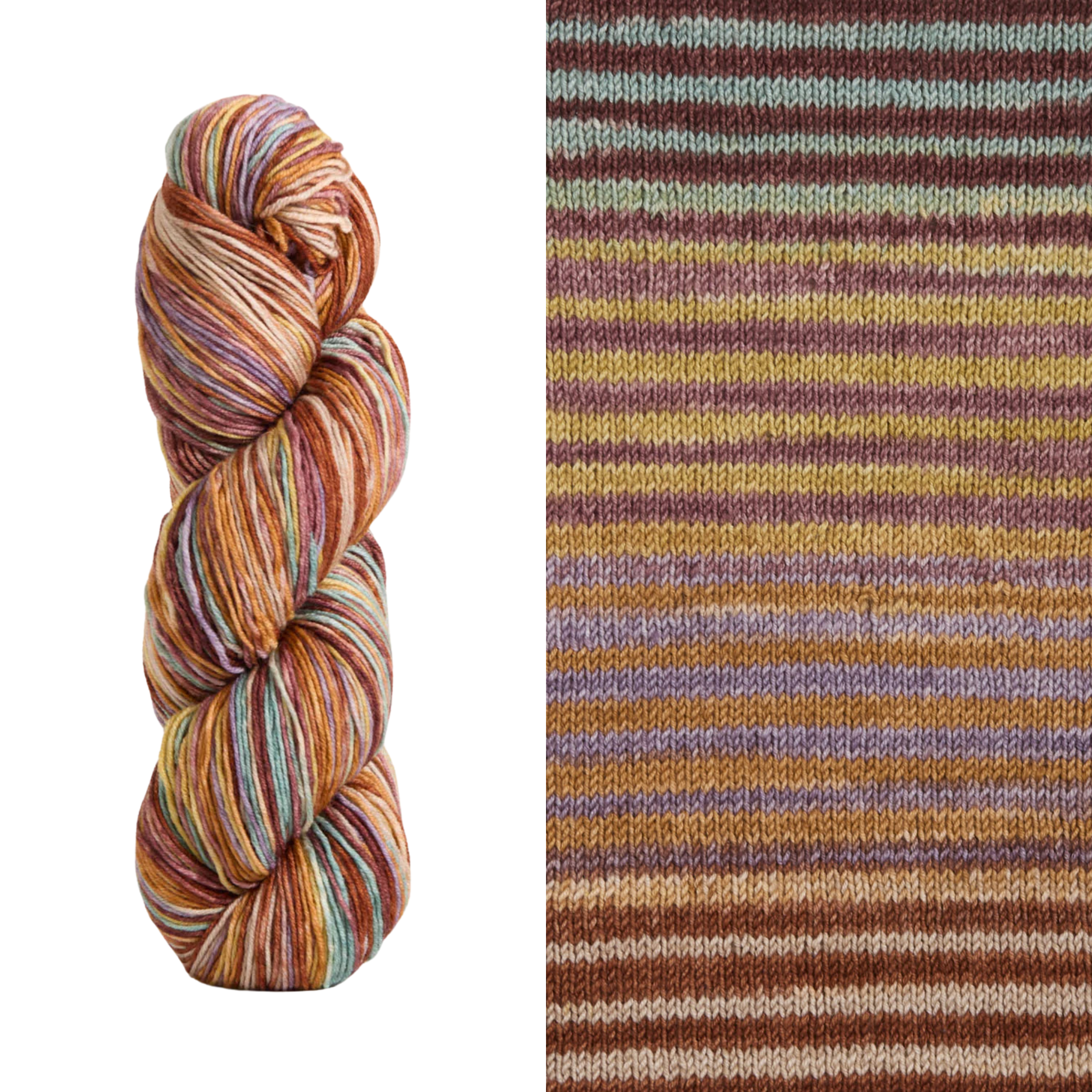 Shades of brown, orange, lavender, crea,m, and blue on the self striping Uneek Fingering Yarn - color number 3036