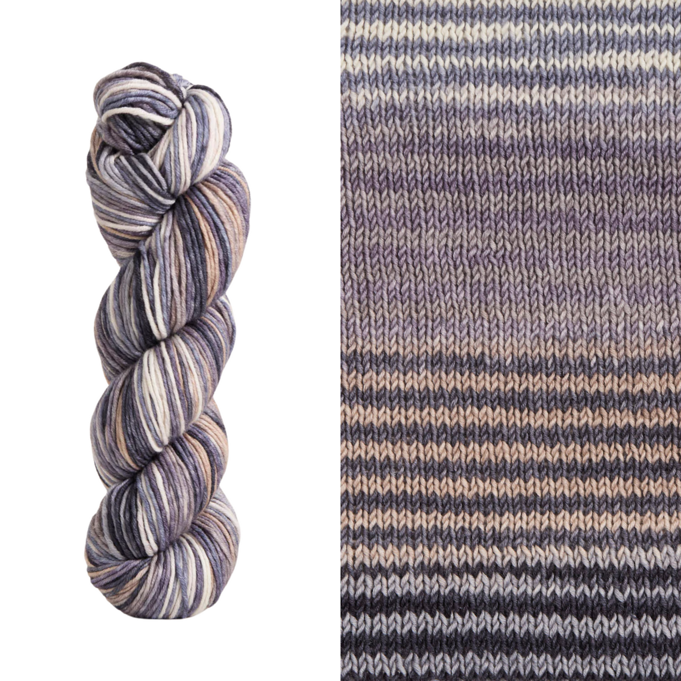 Urth Yarns Uneek Worsted Yarn in the Color 4033. Muted self striping shades in lavender, grey, and cream.