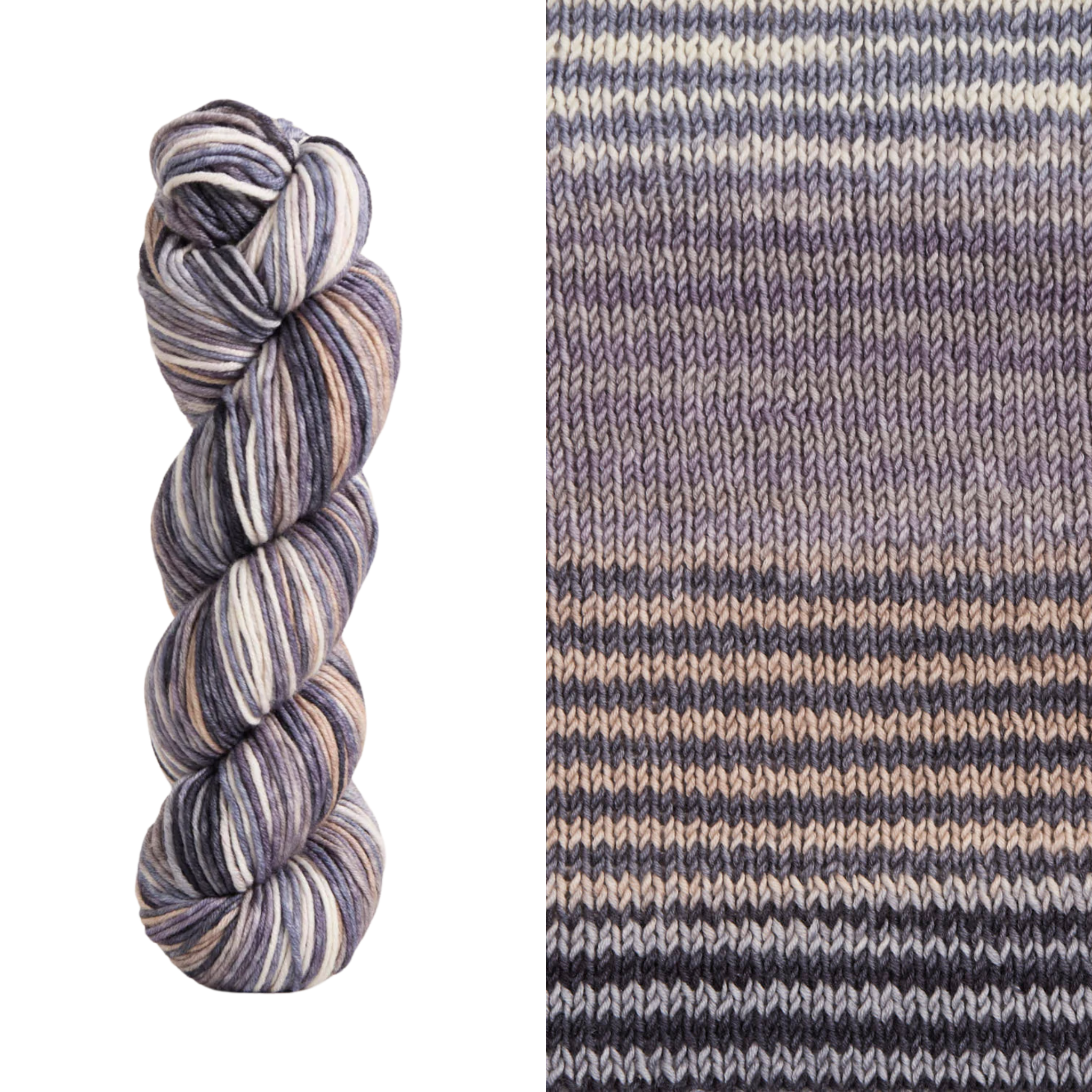 Urth Yarns Uneek Worsted Yarn in the Color 4033. Muted self striping shades in lavender, grey, and cream.