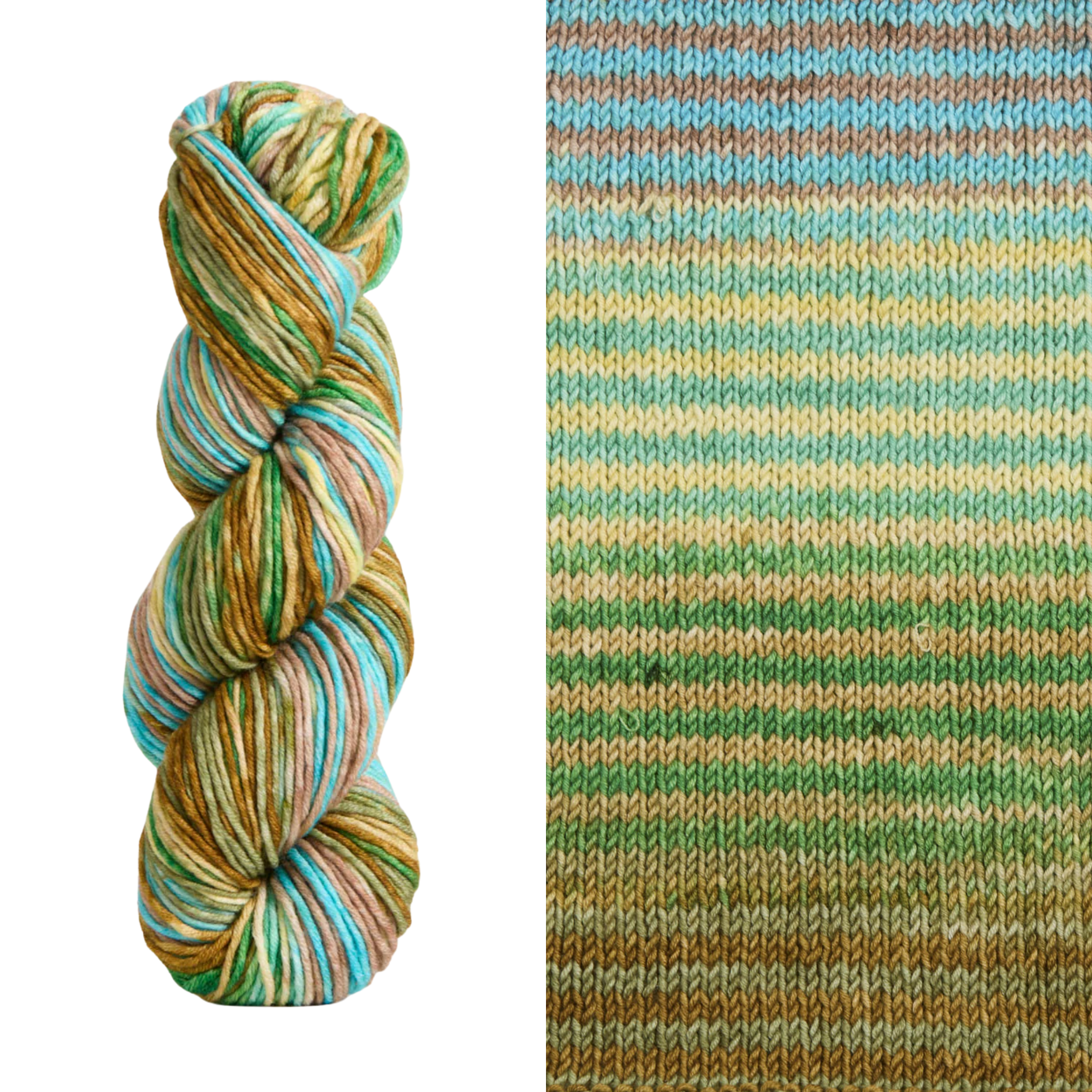 Self Striping Uneek Worsted Yarn in color 4034. A vibrant multi color skein of green, aqua, and brown.