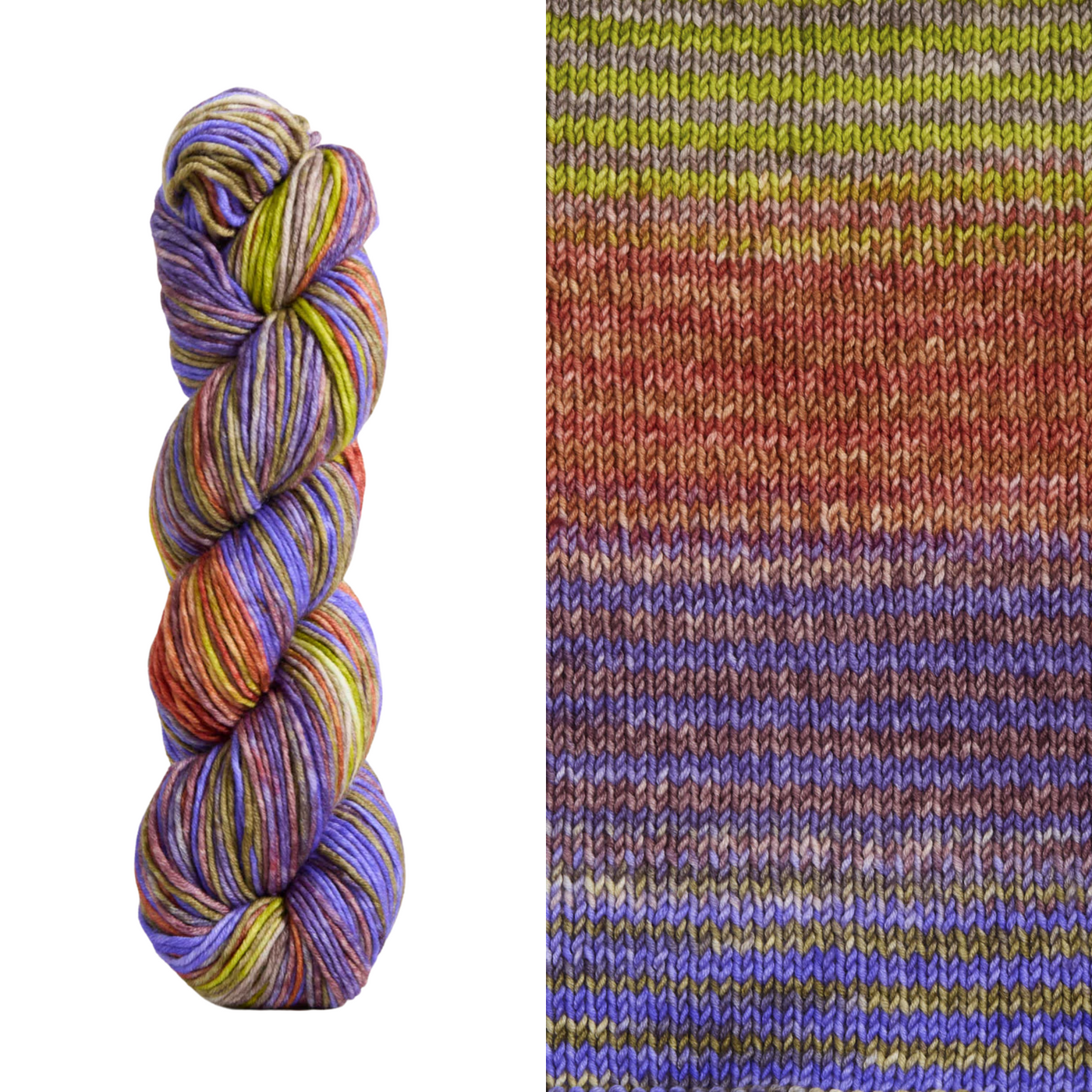 Vibrant shades of purple, green, red, and brown on the Uneek Worsted self striping yarn in color number 4035