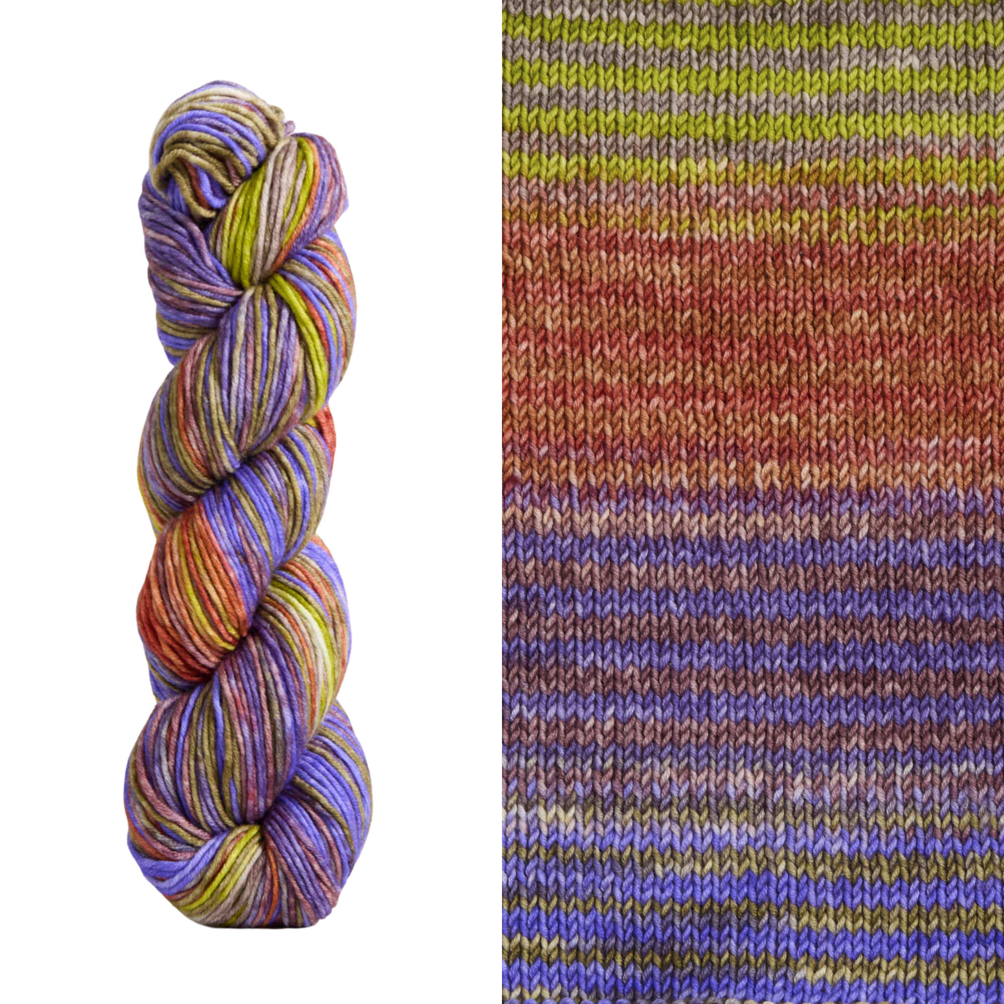 Vibrant shades of purple, green, red, and brown on the Uneek Worsted self striping yarn in color number 4035