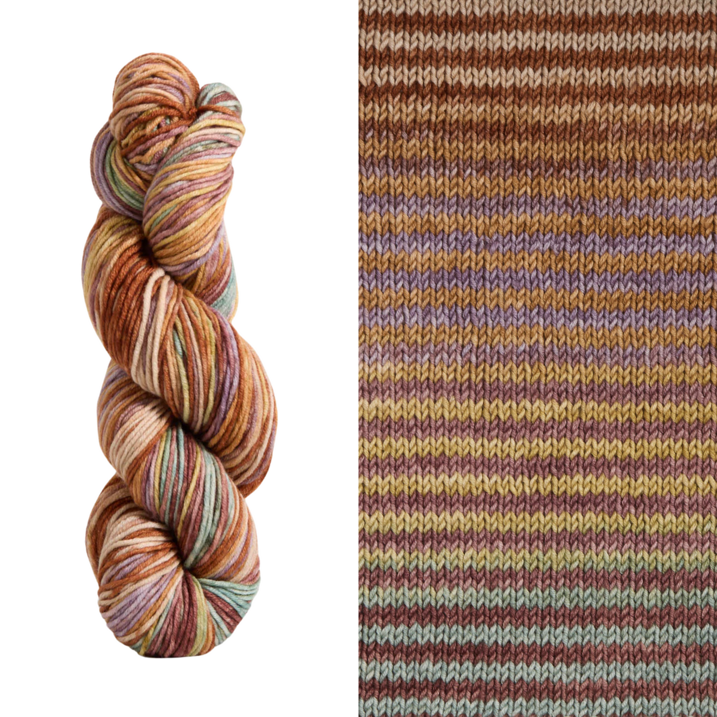 Uneek Worsted 4036 in the self striping colors of brown, orange, red, green, and lavender.