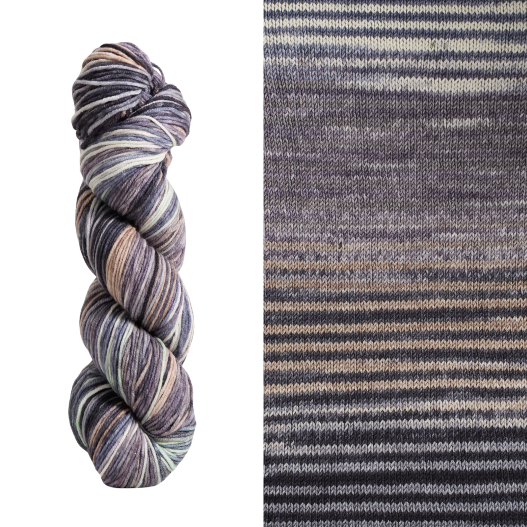 a close up look at Uneek DK yarn in the color 6033, a black and grey and beige self striping hand dyed yarn.