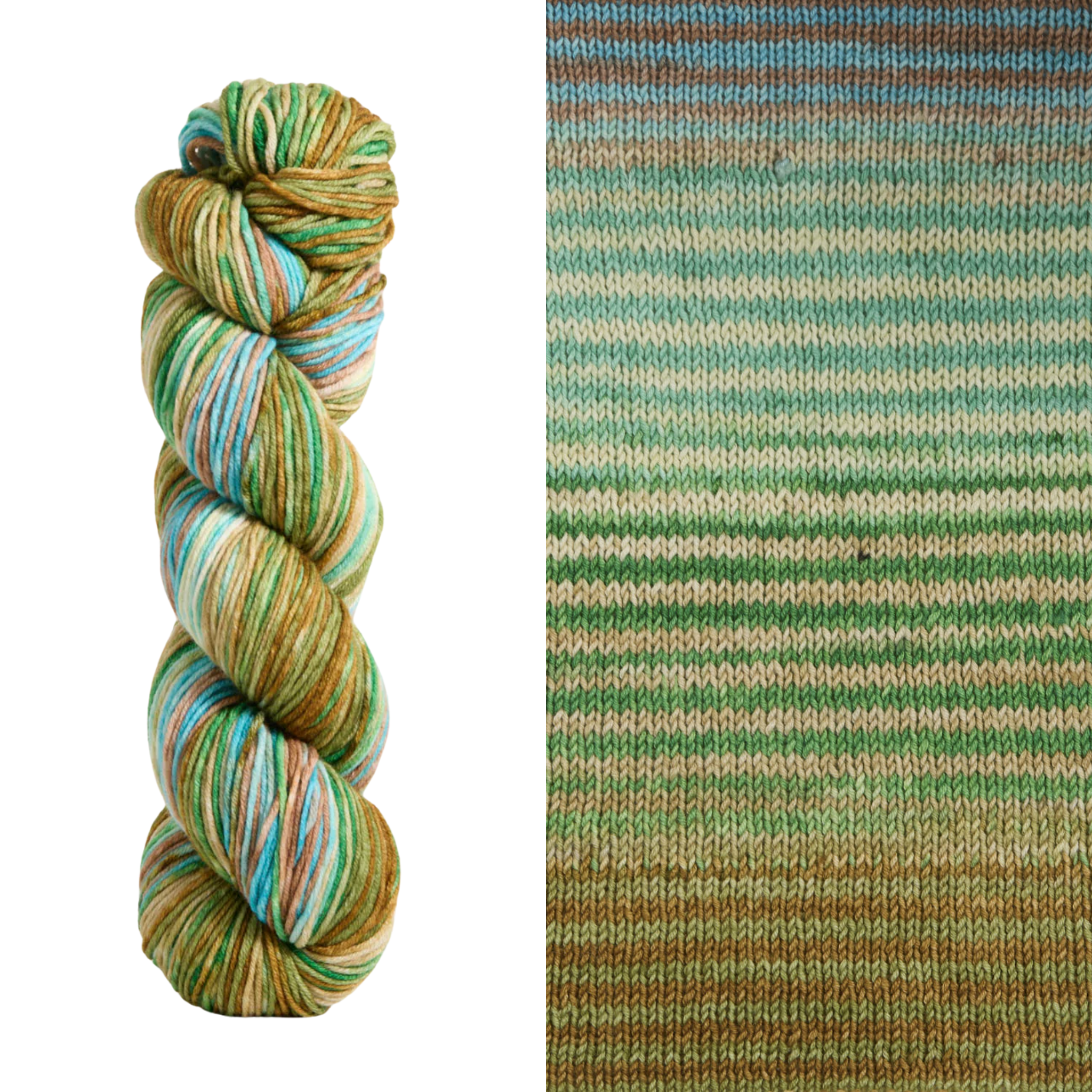 Urth Yarns Uneek DK yarn in the color 6034, a green, teal, blue, and burnt orange self striping shade. 