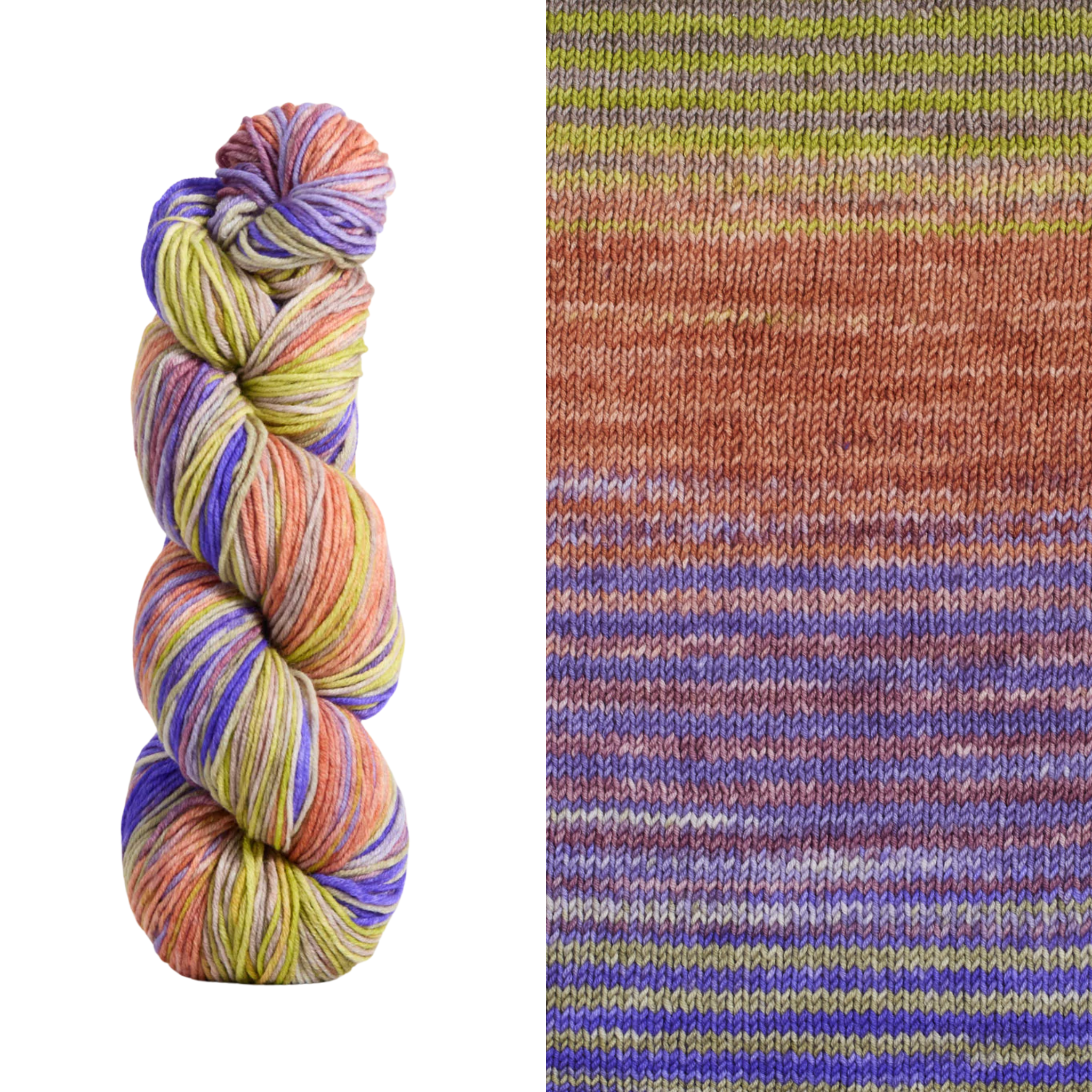 Urth Yarns Uneek DK self striping colorway 6035, a salmon, chartreuse, purple, and pink self striping colorway.