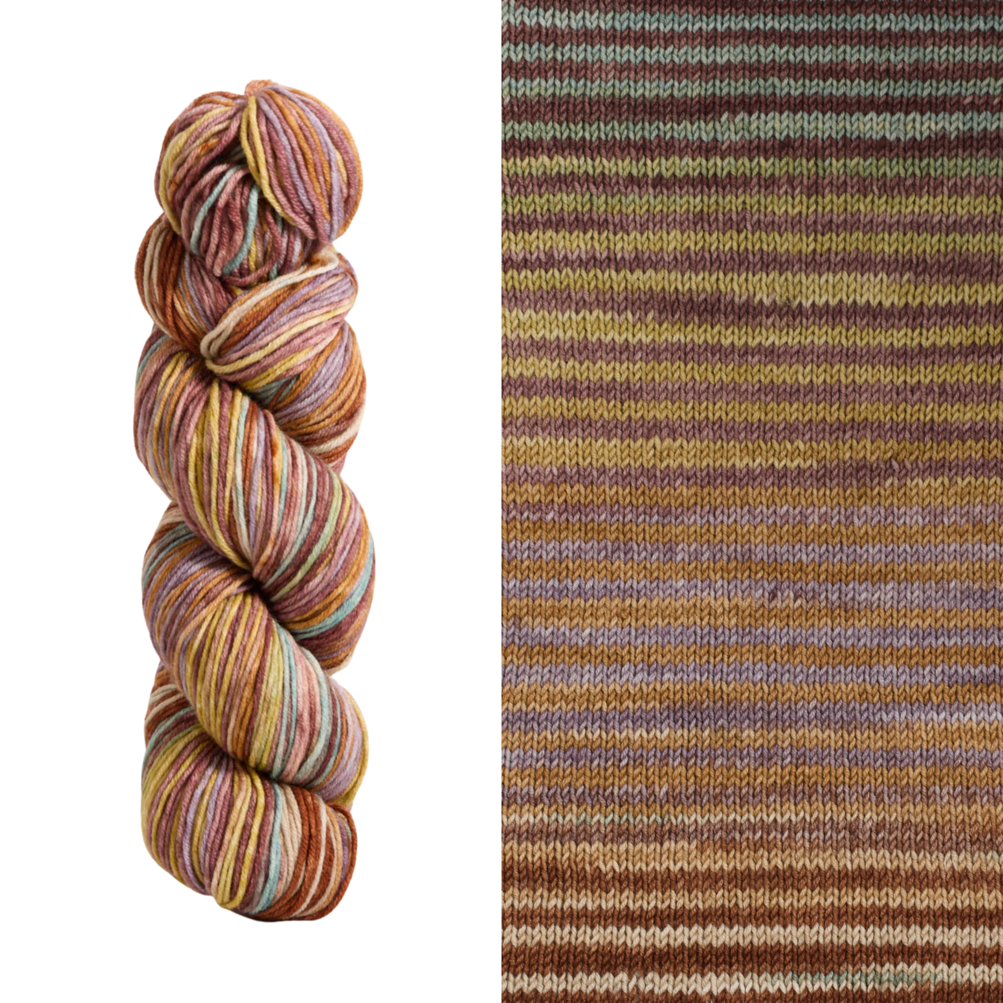A self striping colorway of uneek dk, 6036, a brown, lavender, sage green, and ochra colorway.