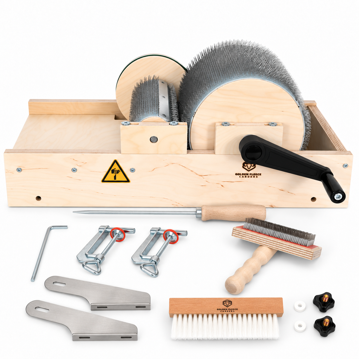 Golden Fleece standard drum carder with included Packer Brush, mounting brackets, adjustment knobs, table clamps, doffer pin, cleaning brush, and Allen key.