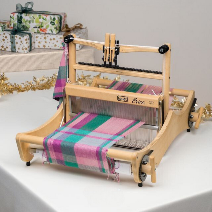 Louet Erica Table Loom with Pink and Green Plaid Pattern