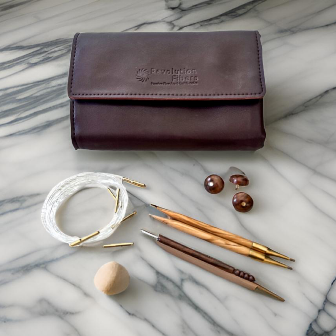 Premium 5 Inch Olive Wood Interchangeable Circular Knitting Needle Case Set | Leather Case (29 Piece Set)-Knitting Needle Set-Revolution Fibers