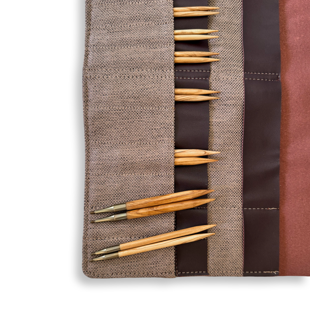 Premium 5 Inch Olive Wood Interchangeable Circular Knitting Needle Set | Leather Case (29 Piece Set)-Knitting Needle Set-Revolution Fibers