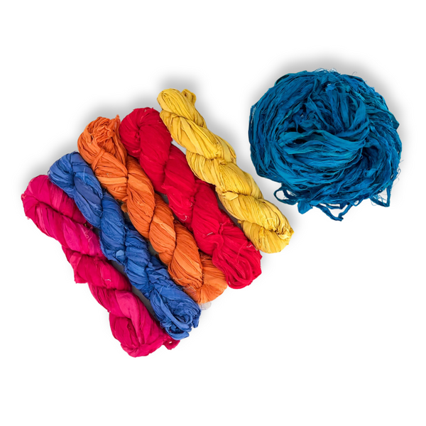 Fair Trade Recycled Sari Silk Ribbon 100 gram Skein MULTI COLORED