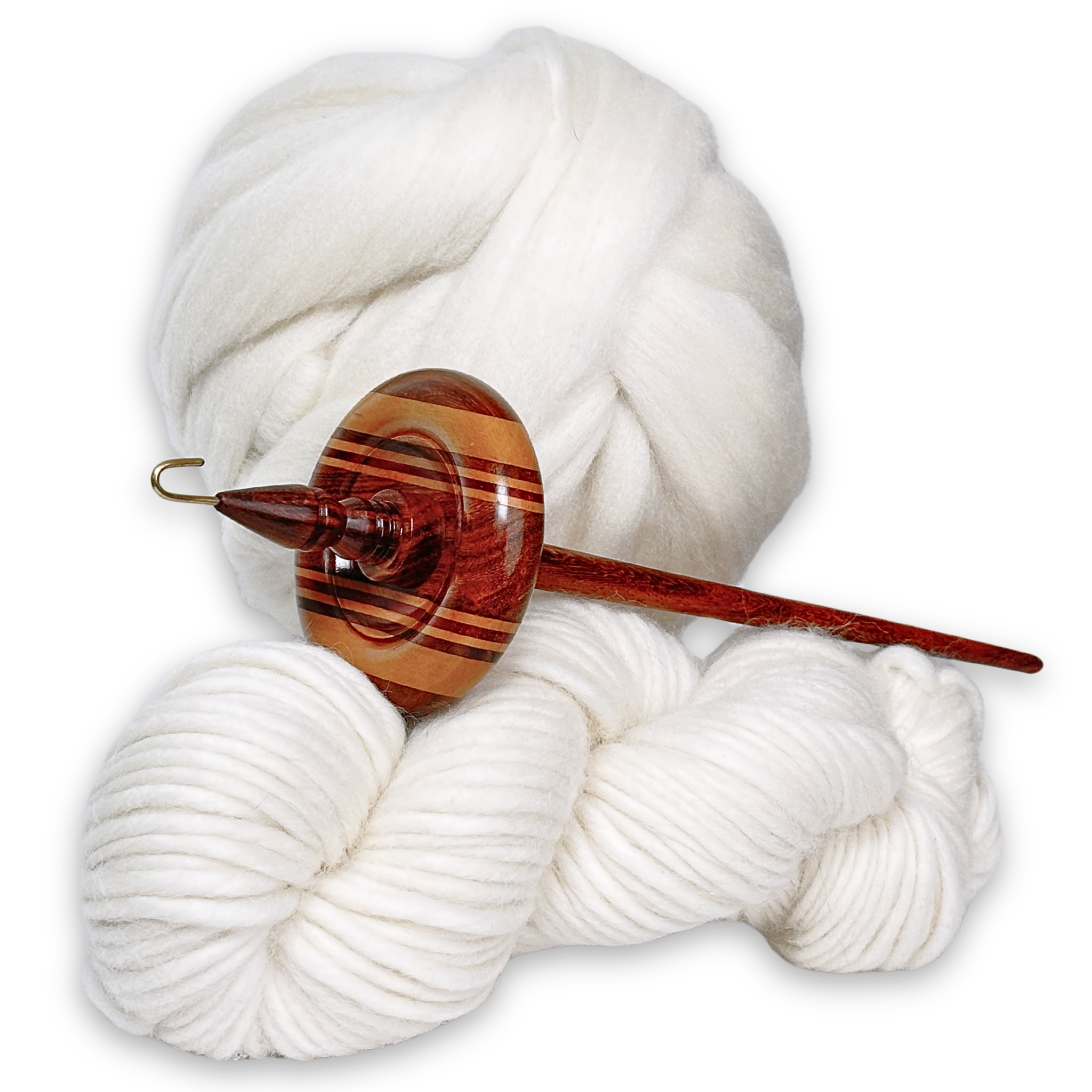 Revolution Fibers premium top whorl drop spindle with an 12-inch shaft and 3.25-inch whorl, perfect for beginner hand spinning and fine yarn production. Multi wood artisan design