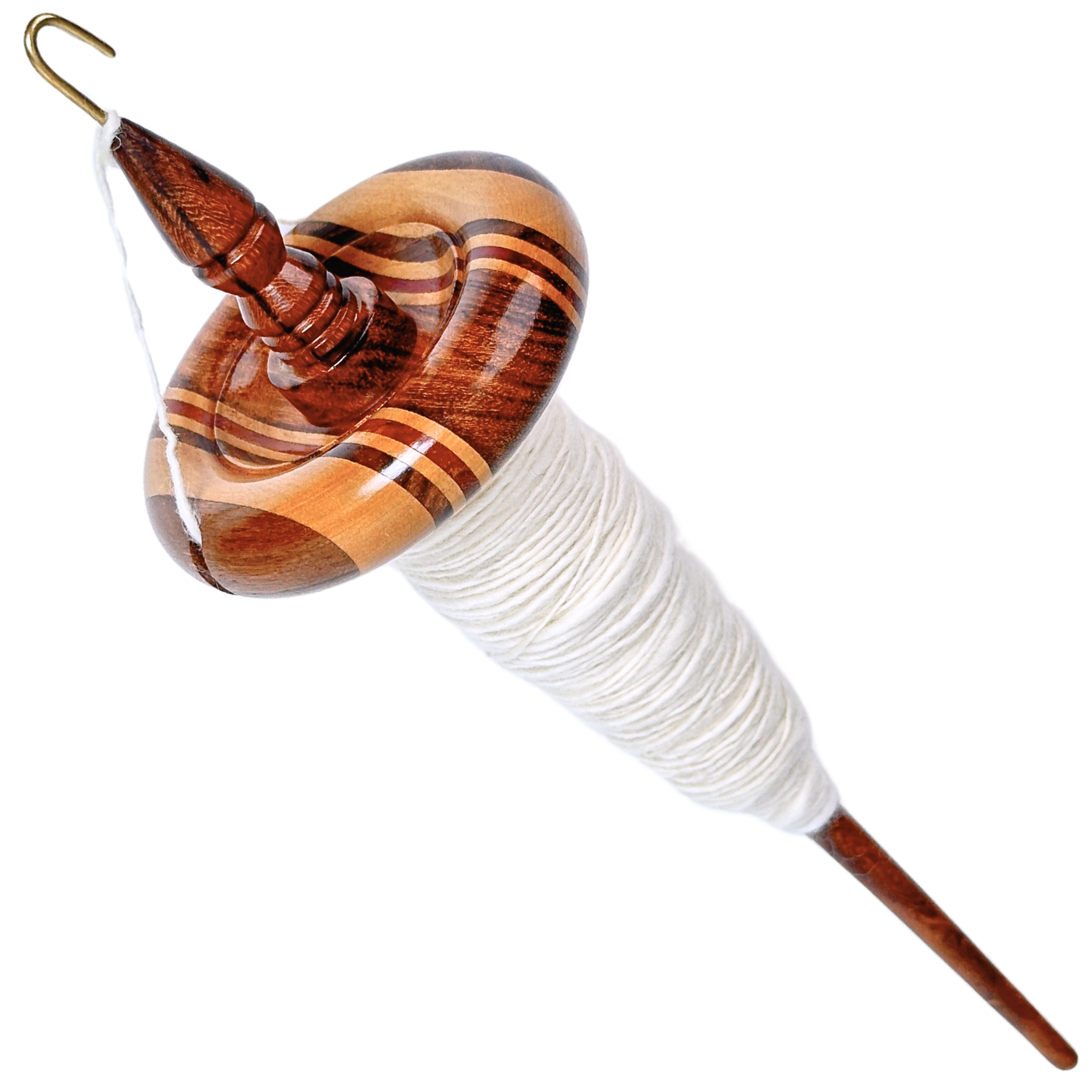 Revolution Fibers premium top whorl drop spindle with an 12-inch shaft and 3.25-inch whorl, perfect for beginner hand spinning and fine yarn production. Multi wood artisan design