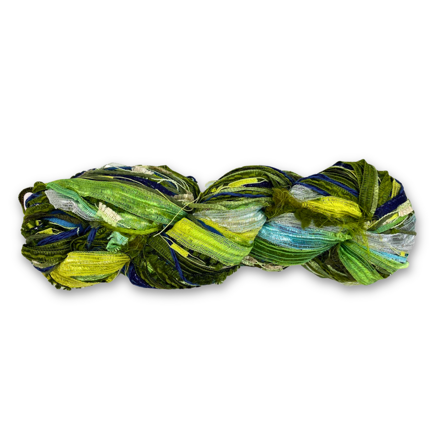Feza Alp Premier Yarn in Aurora Drift – Color Number 29. Soft greens and blues with silver bouclé and multi-texture fibers. Novelty, multi-color, multi-texture yarn.