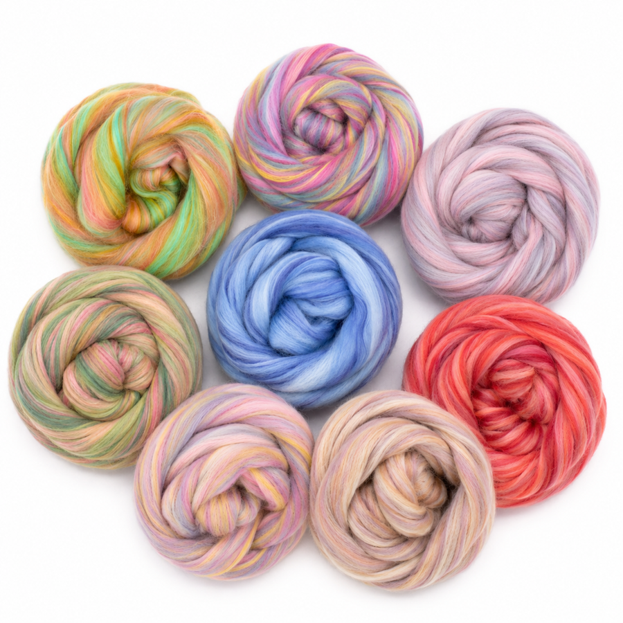 Eight Bambino Merino wool and bamboo combed top colorways grouped together on a clean white background.