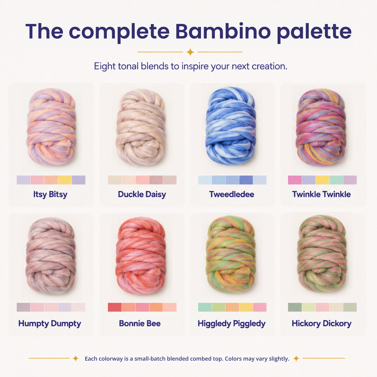 The complete Bambino palette. Eight tonal blends to inspire your next creation. Itsy Bitsy, Duckle Daisy, Tweedledee, Twinkle Twinkle, Humpty Dumpty, Bonnie Bee, Higgledy Piggledy, and Hickory Dickory. Each colorway is a small-batch blended combed top. Colors may vary slightly.