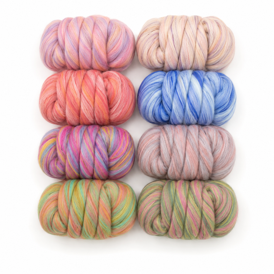 Eight Bambino Merino wool and bamboo combed top colorways in 25 gram fiber bundles on a white background