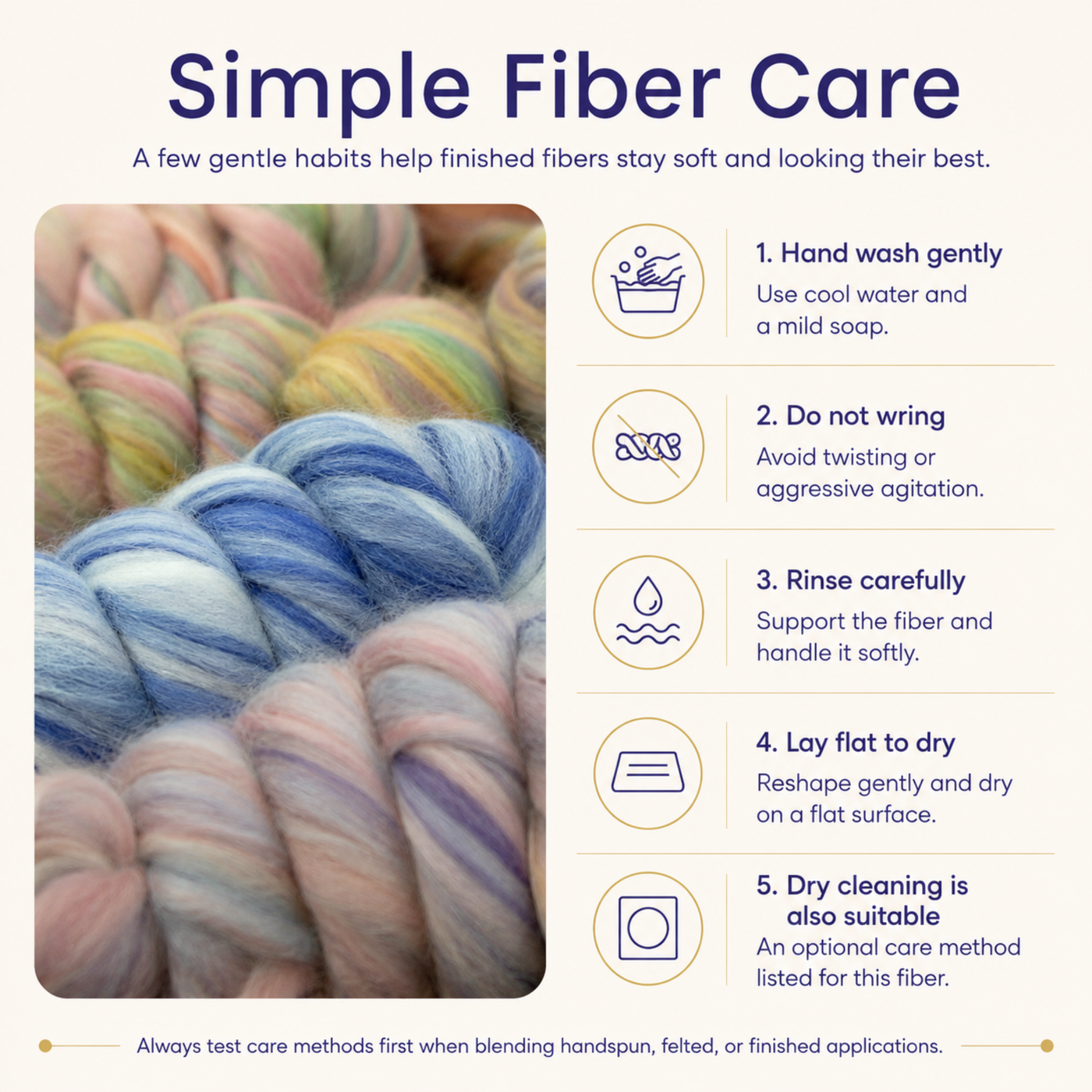 Care guide for Bambino Merino wool and bamboo fiber with gentle hand washing, careful handling and flat drying instructions.