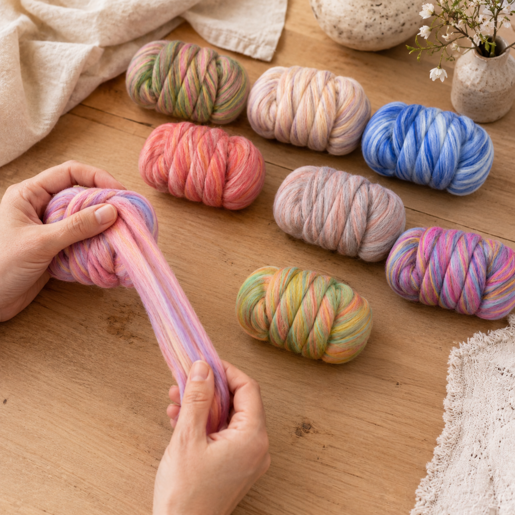 Hands drafting Bambino Merino wool and bamboo combed top beside the eight-color spinning fiber variety pack