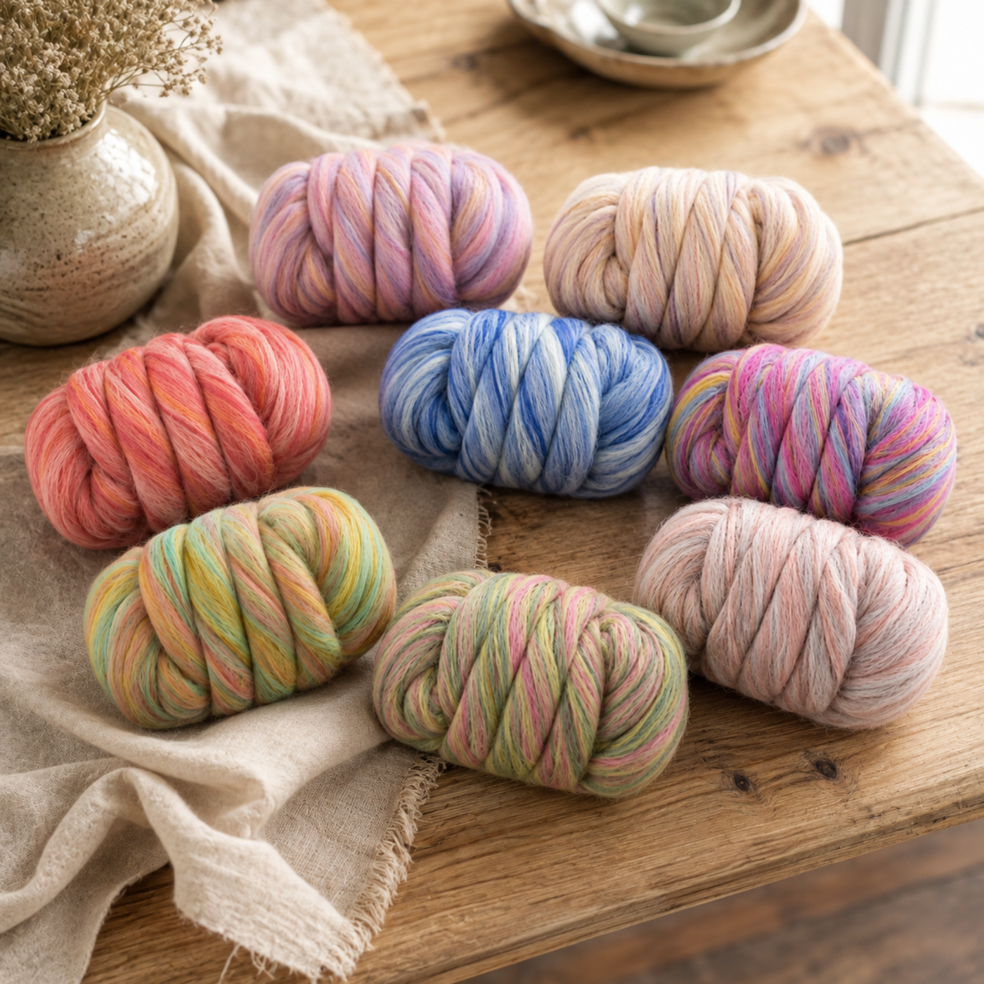 Bambino Merino wool and bamboo spinning fiber variety pack with eight colorful 25 gram bundles on a natural wood table